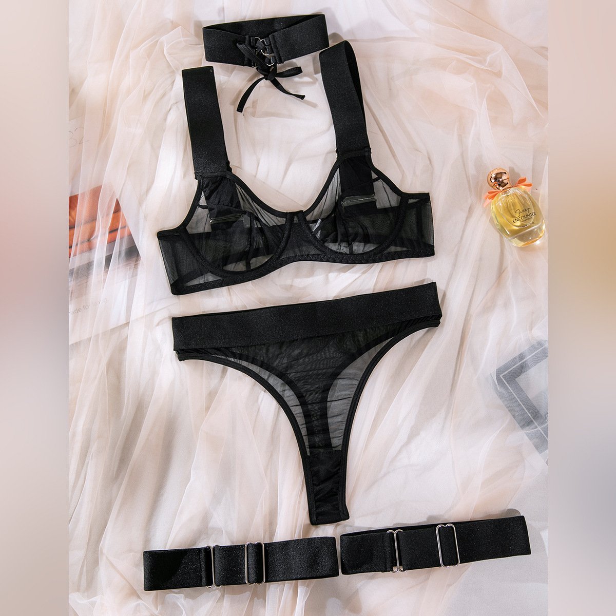 Sheer mesh see through underwire lingerie set