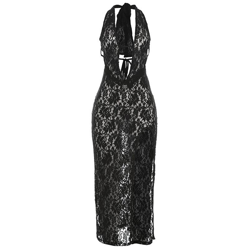 Halter knotted deep v neck high slit lace see through maxi dress
