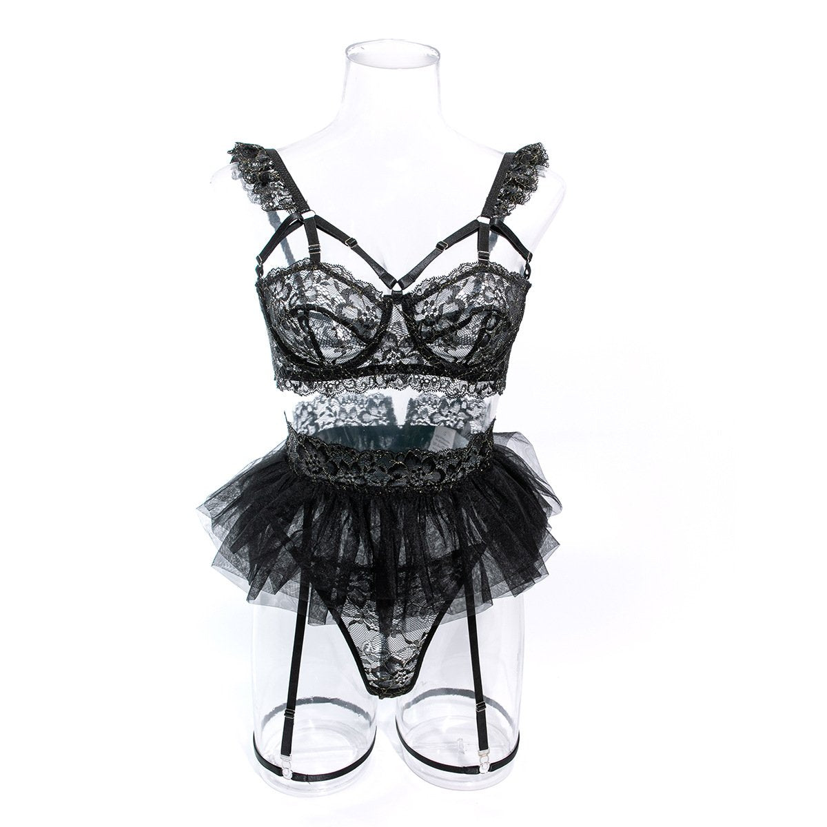 Lace mesh strappy garter cami lingerie set