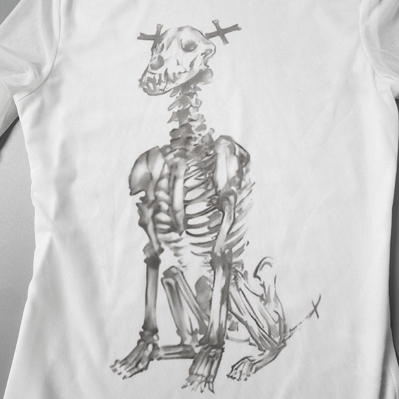 Long sleeve high neck mesh human skeleton print top