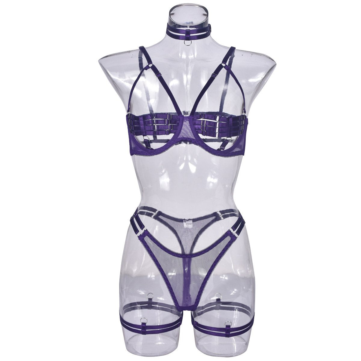 Open cup strappy underwire mesh lingerie set