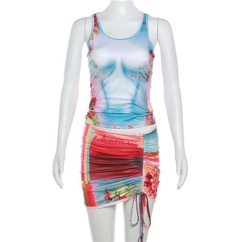 U neck abstract body print drawstring tank 2 piece mini skirt set