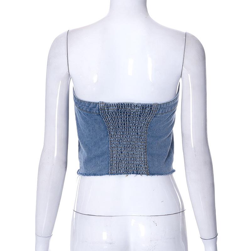 Denim button smocked backless stitch tube top