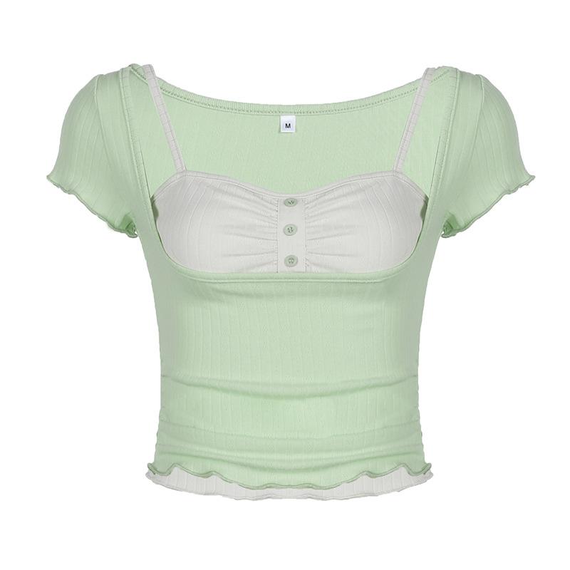 Short sleeve patchwork ruched ruffle top