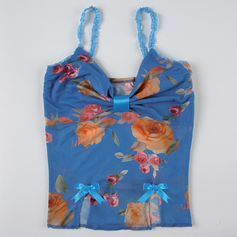 Mesh ruched slit bowknot flower print cami top
