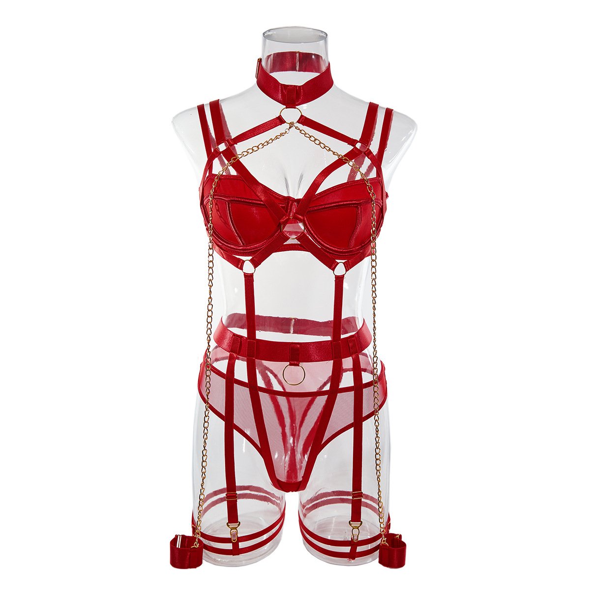 Harness metal chain strappy garter lingerie set