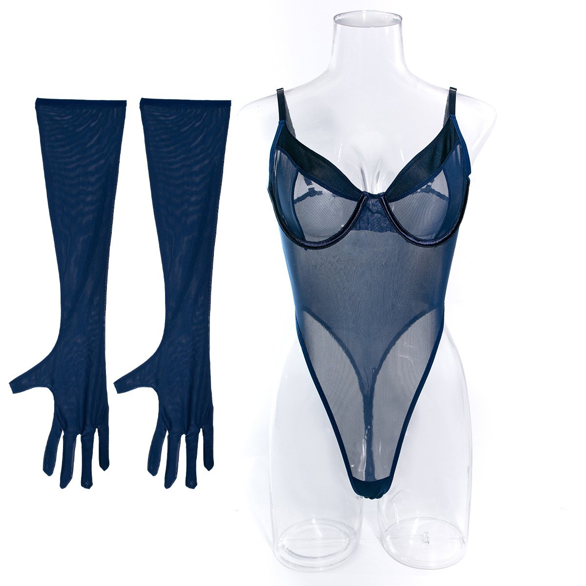 Sheer mesh gloves underwire cami bodysuit