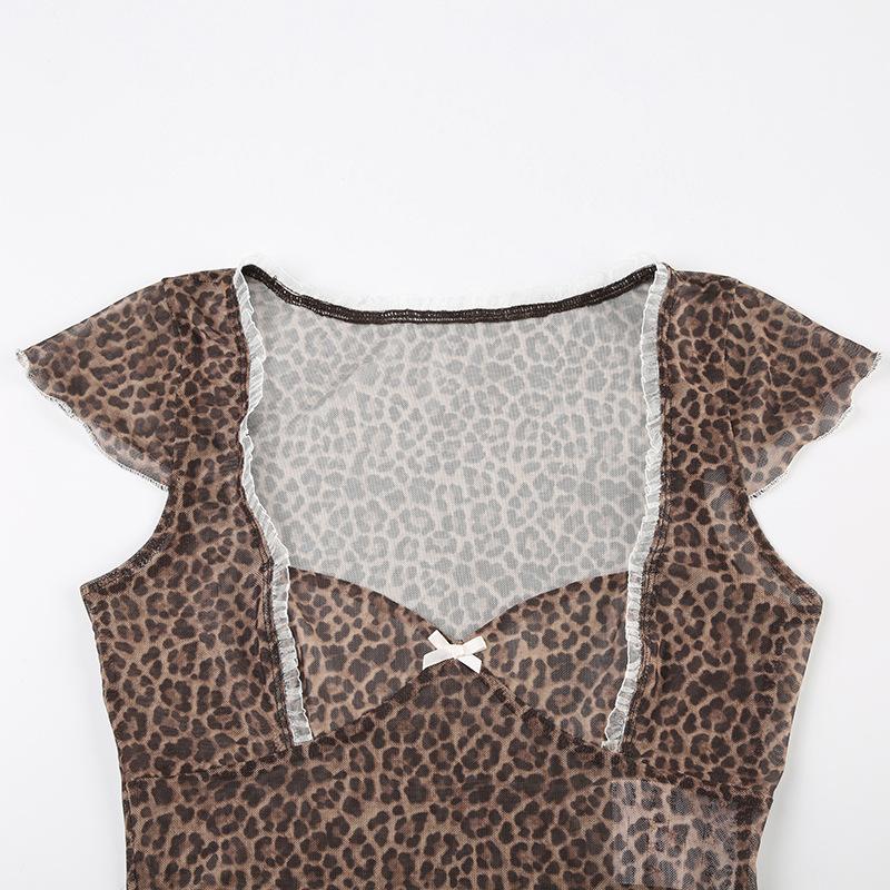 Leopard print short sleeve bowknot mesh top