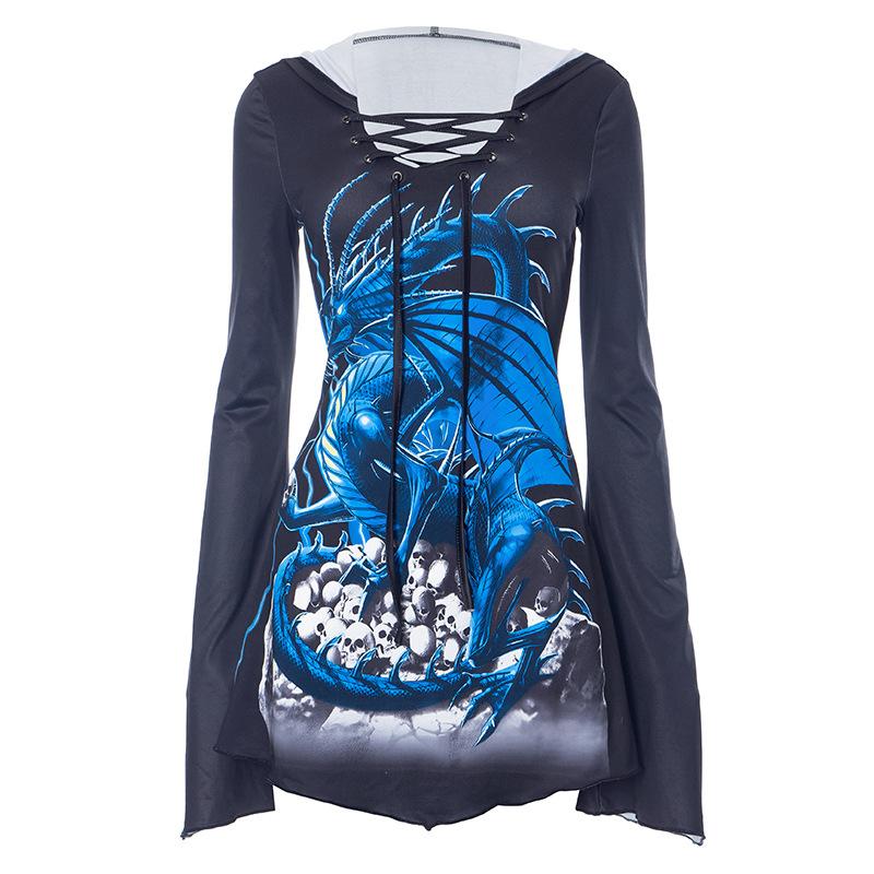 Long flared sleeve lace up hoodie abstract print top