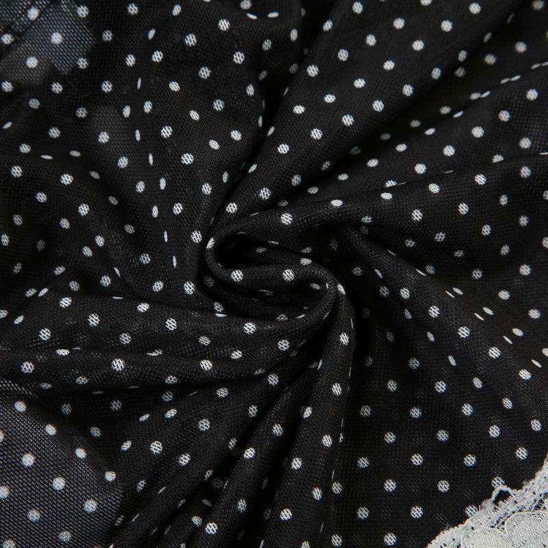 V neck polka dot print lace hem bowknot top