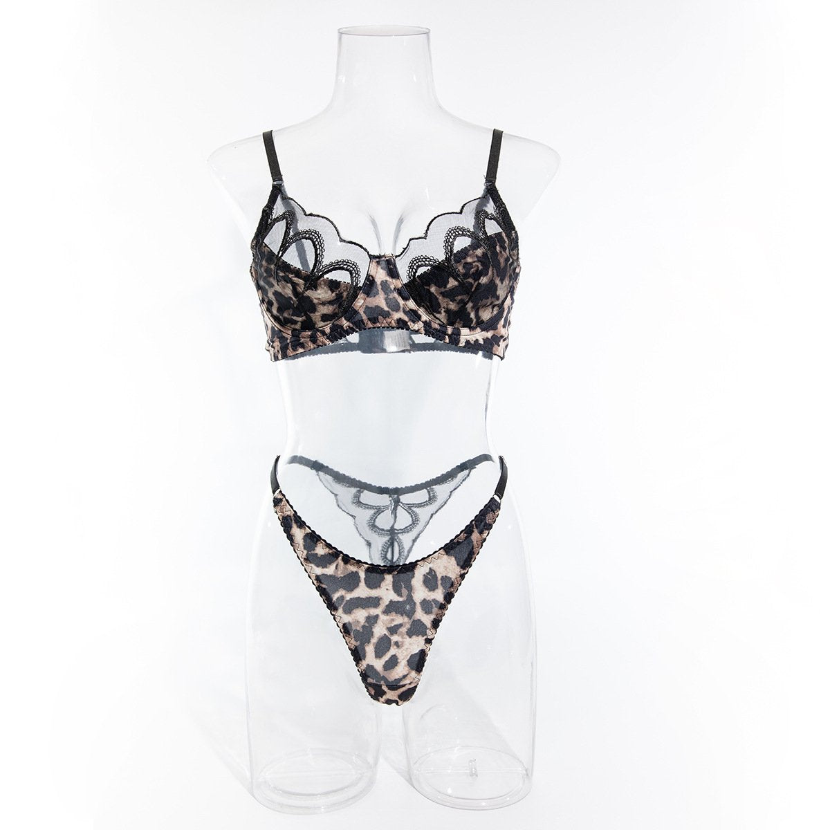 Leopard print embroidery mesh underwire lingerie set