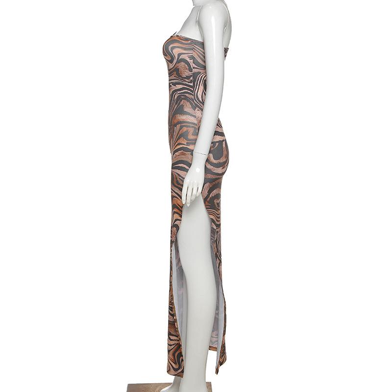 One shoulder backless high slit tiger print midi dress