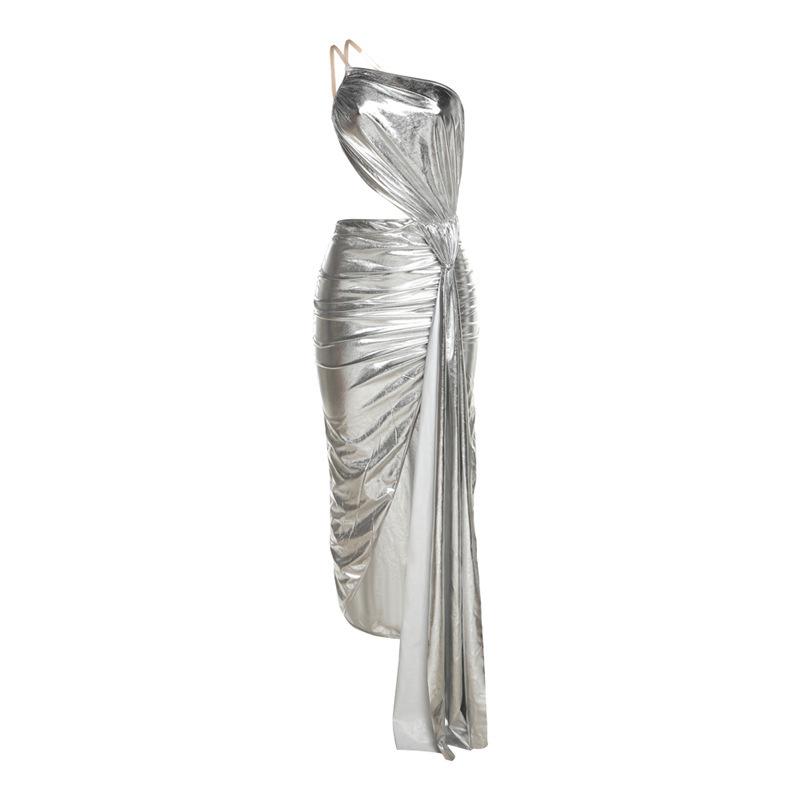 One shoulder high slit metallic irregular ruched cami maxi dress