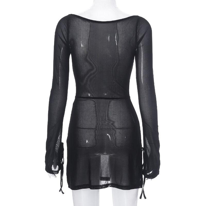 Sheer mesh see through square neck slit long sleeve mini dress