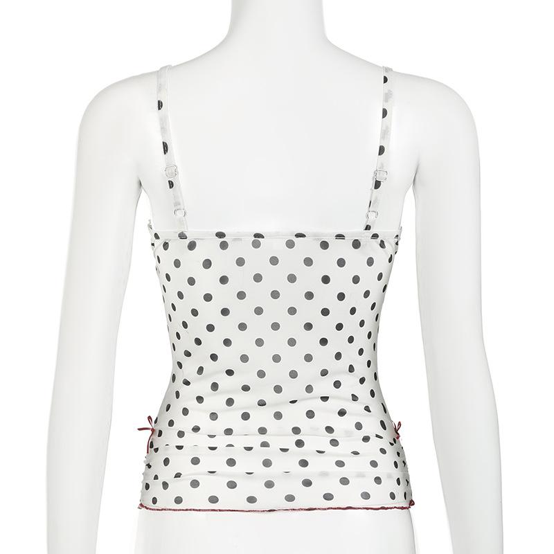 V neck polka dot print mesh bowknot cami top