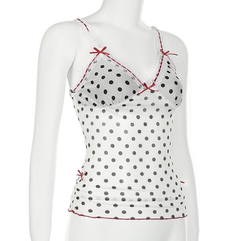 V neck polka dot print mesh bowknot cami top