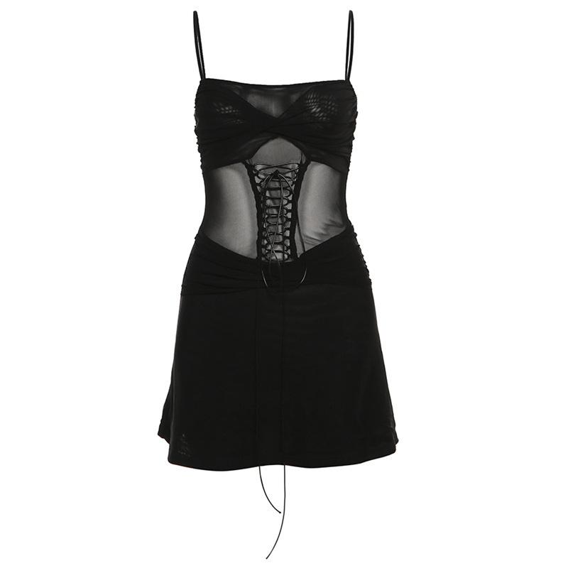 Mesh ruched lace up cami mini dress