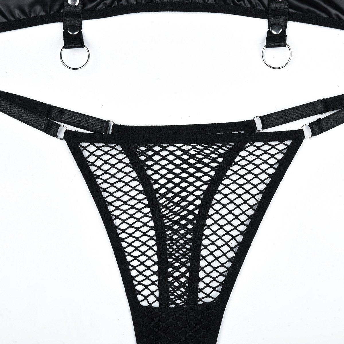 PU leather fishnet patchwork choker lingerie set