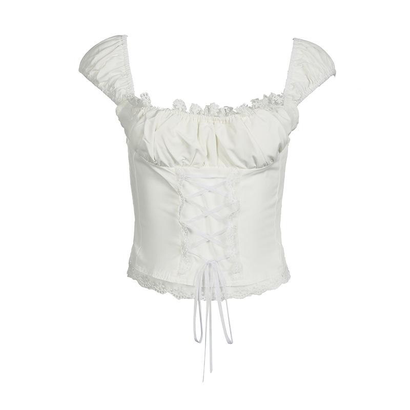 Cap sleeve lace hem lace up ruched top