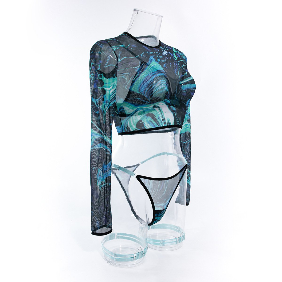 Long sleeve print mesh garter 3 piece lingerie set