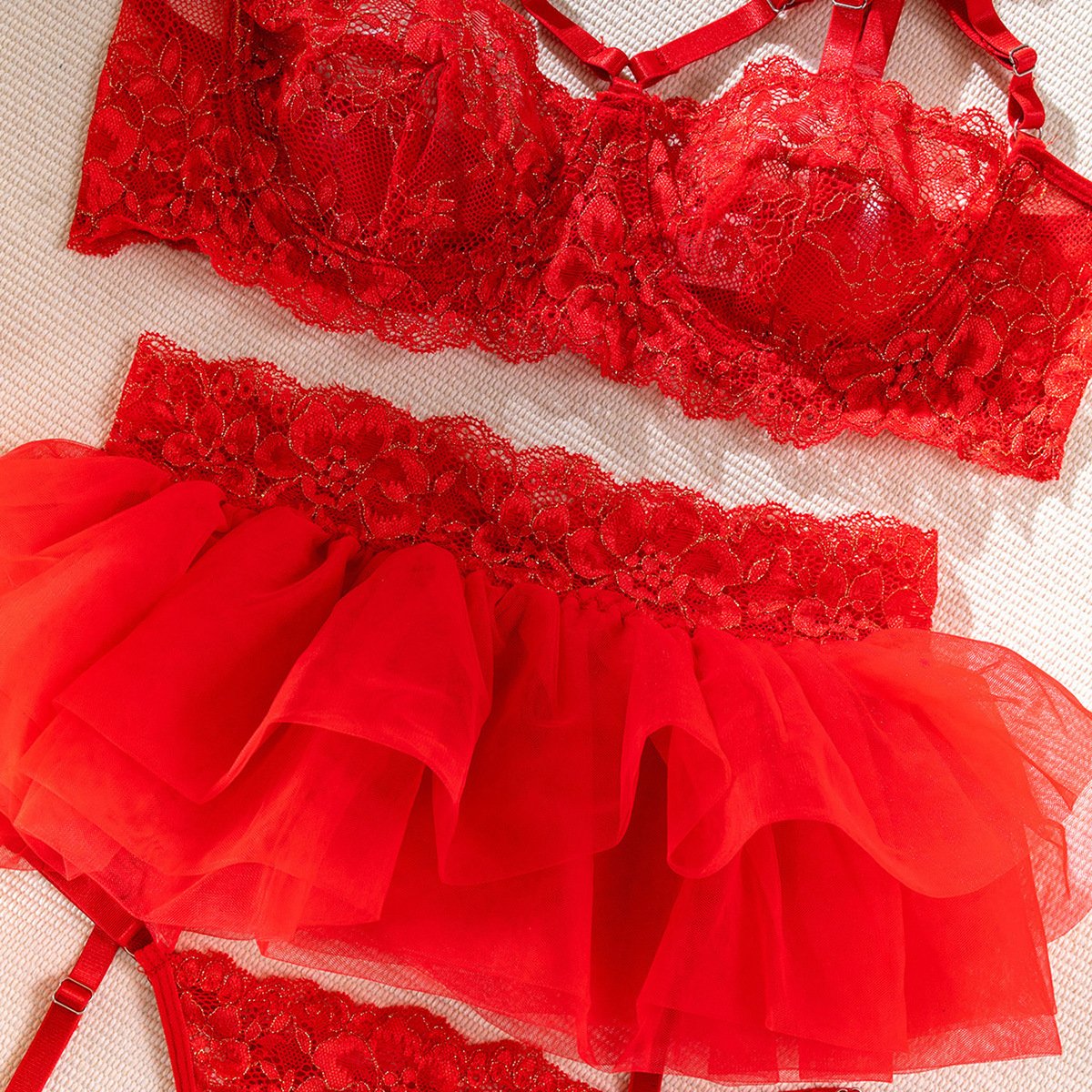 Lace mesh strappy garter cami lingerie set