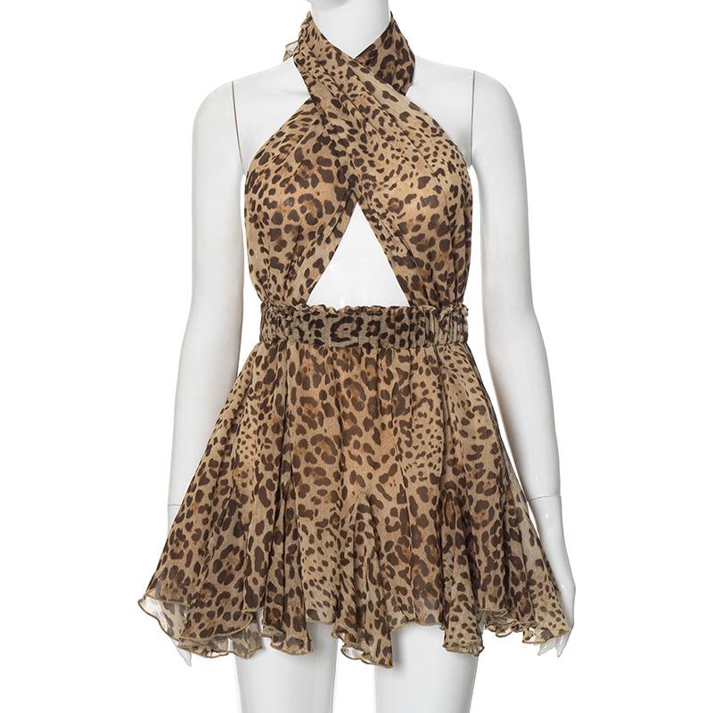 Halter cross front leopard print ruffle mini dress