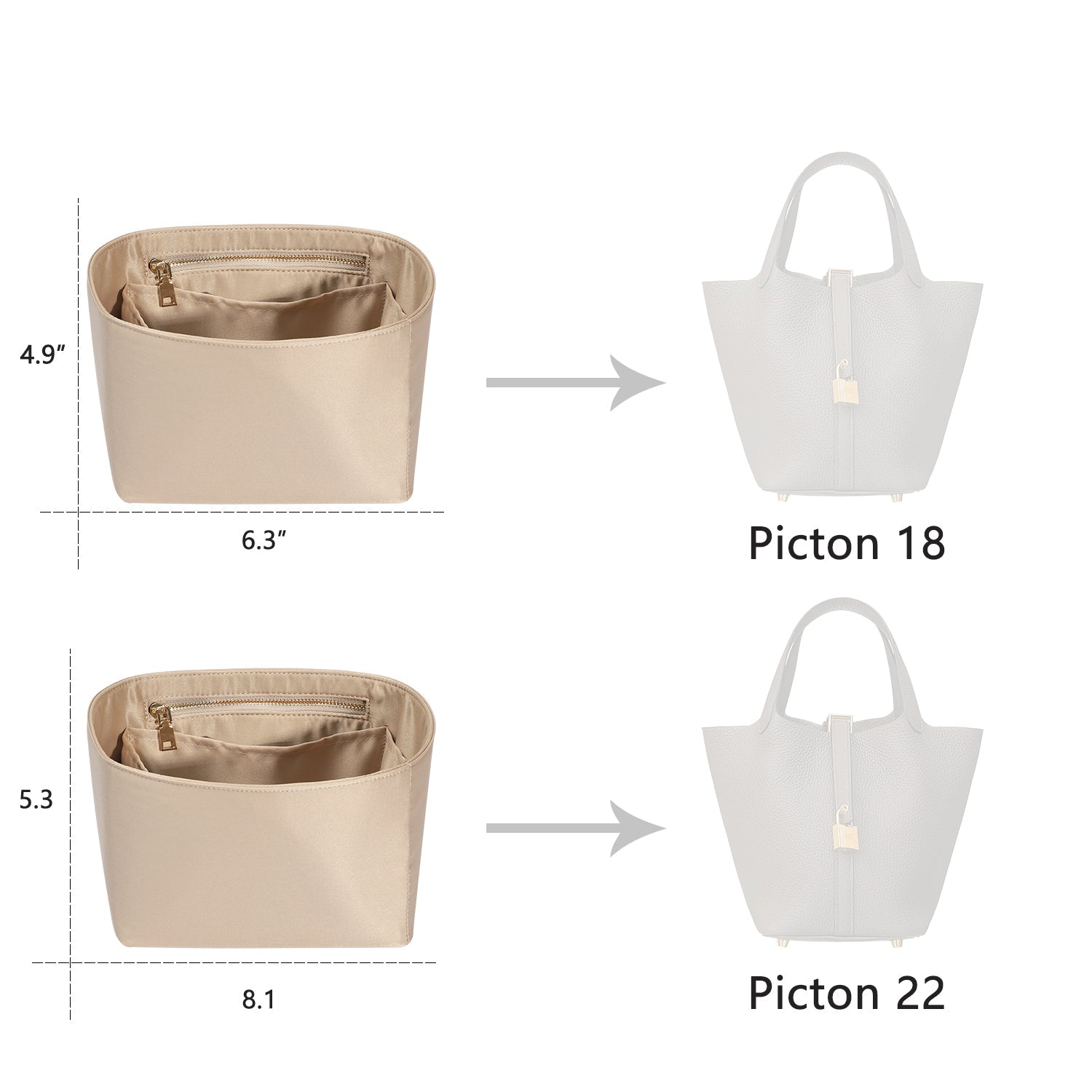 Luxurious Silky Purse Organizer for Hermes Picotin - Bag Insert Specifically Designed for the Luxury Tote, Smoothly Fits Picotin 18/22.