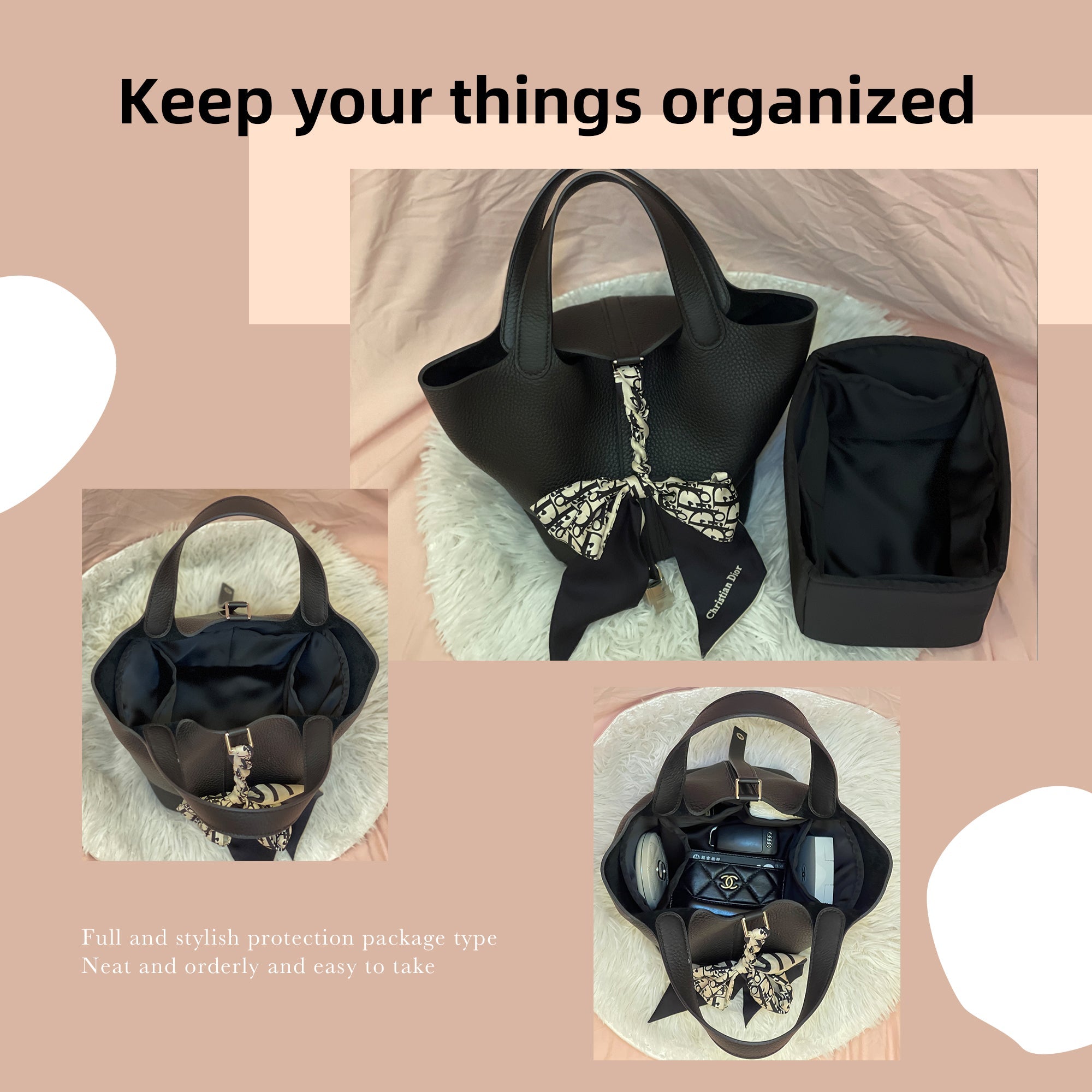 Baginbag | Purse Organizer Satin thick Silk  | Handbag Tote in Bag Shapers , Women- Fits picotin14/18/22/26Bags