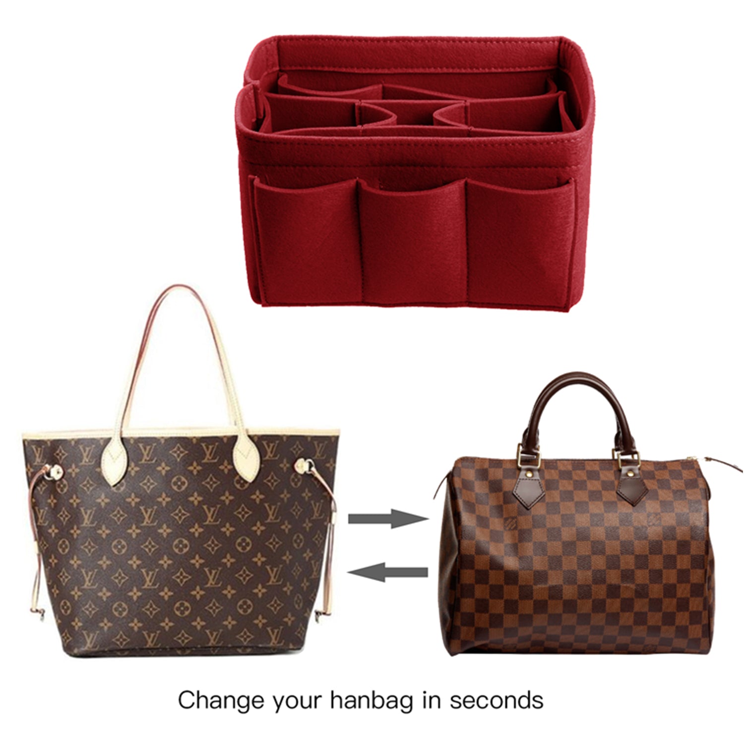Upgraded Version Purse Bag Organizer with Sewn Bottom Insert for LV Speedy and Neverfull
