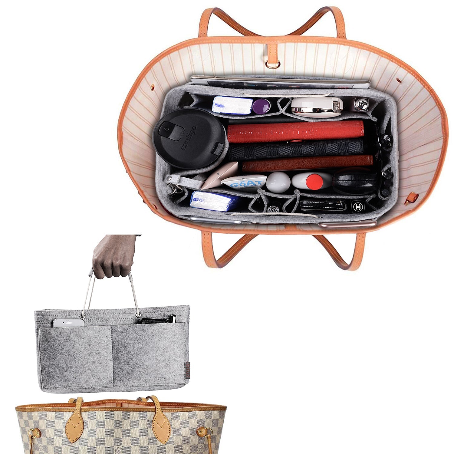 Felt Purse Organizer with Dual Handles and Multiple Pockets for Speedy, Neverfull, and More