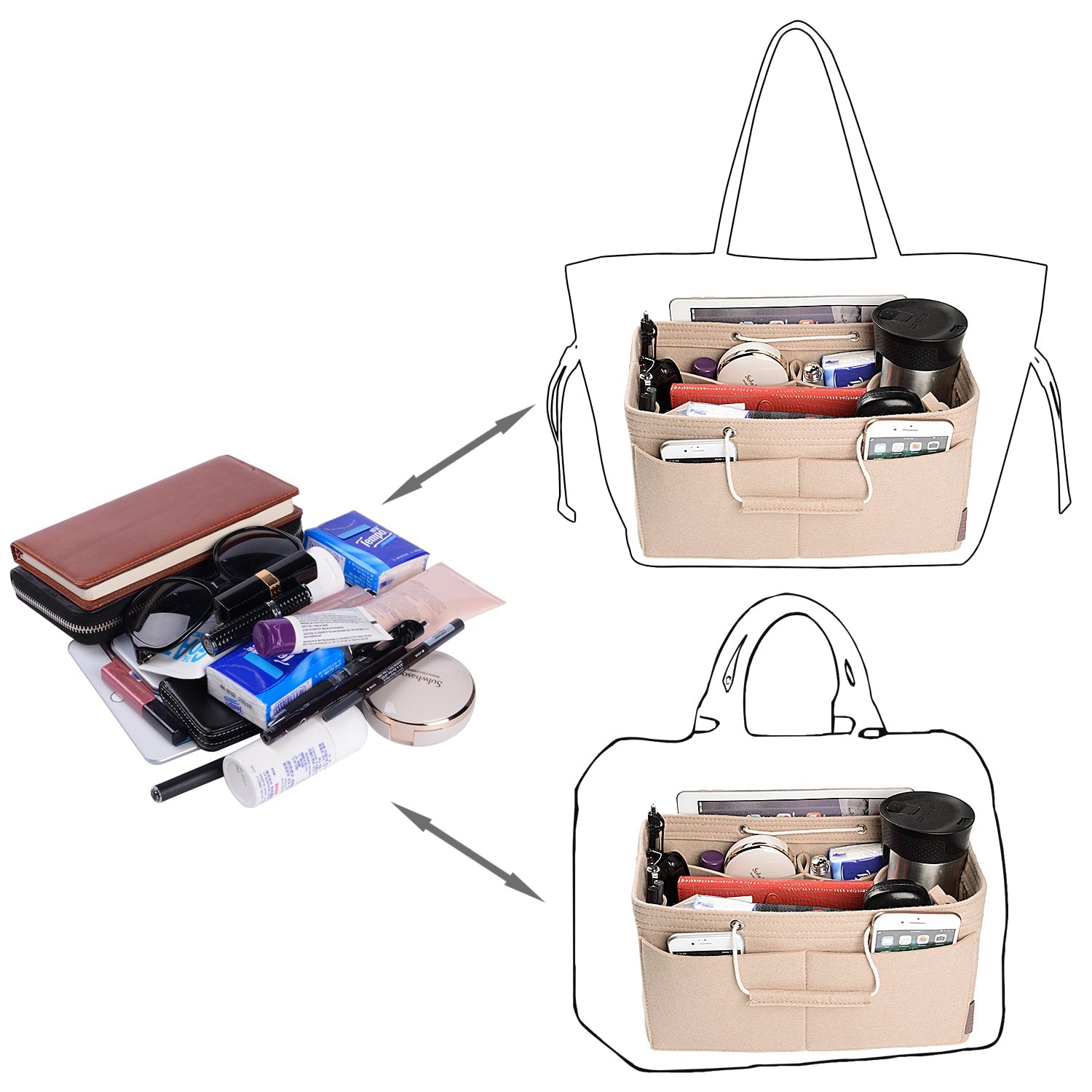 Felt Purse Organizer with Dual Handles and Multiple Pockets for Speedy, Neverfull, and More